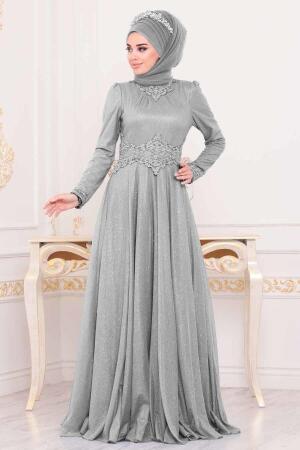 Gris - Tesettürlü Abiye Elbise - Robe de Soirée Hijab 20210GR - 1