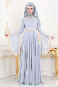 Gris - Tesettürlü Abiye Elbise - Robe de Soirée Hijab 2027GR - Thumbnail