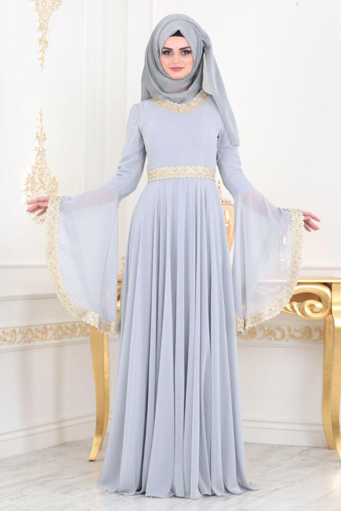 Gris - Tesettürlü Abiye Elbise - Robe de Soirée Hijab 2027GR - 1