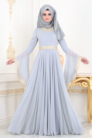 Gris - Tesettürlü Abiye Elbise - Robe de Soirée Hijab 2027GR - Thumbnail