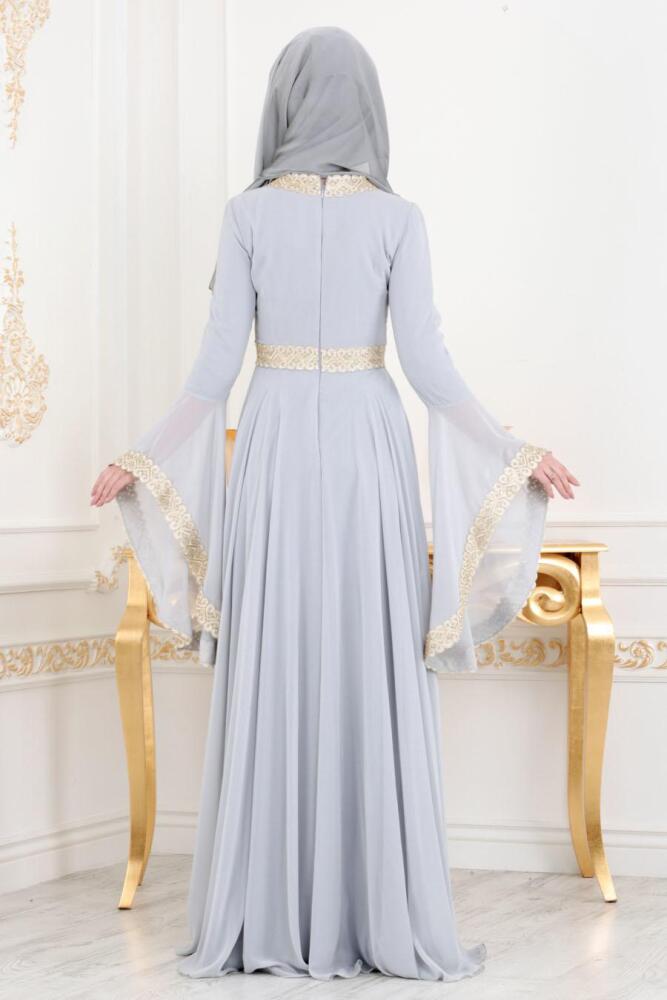 Gris - Tesettürlü Abiye Elbise - Robe de Soirée Hijab 2027GR - 3