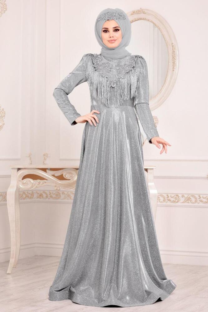 Gris-Tesettürlü Abiye Elbise -Robe de Soirée Hijab 20670GR - 1