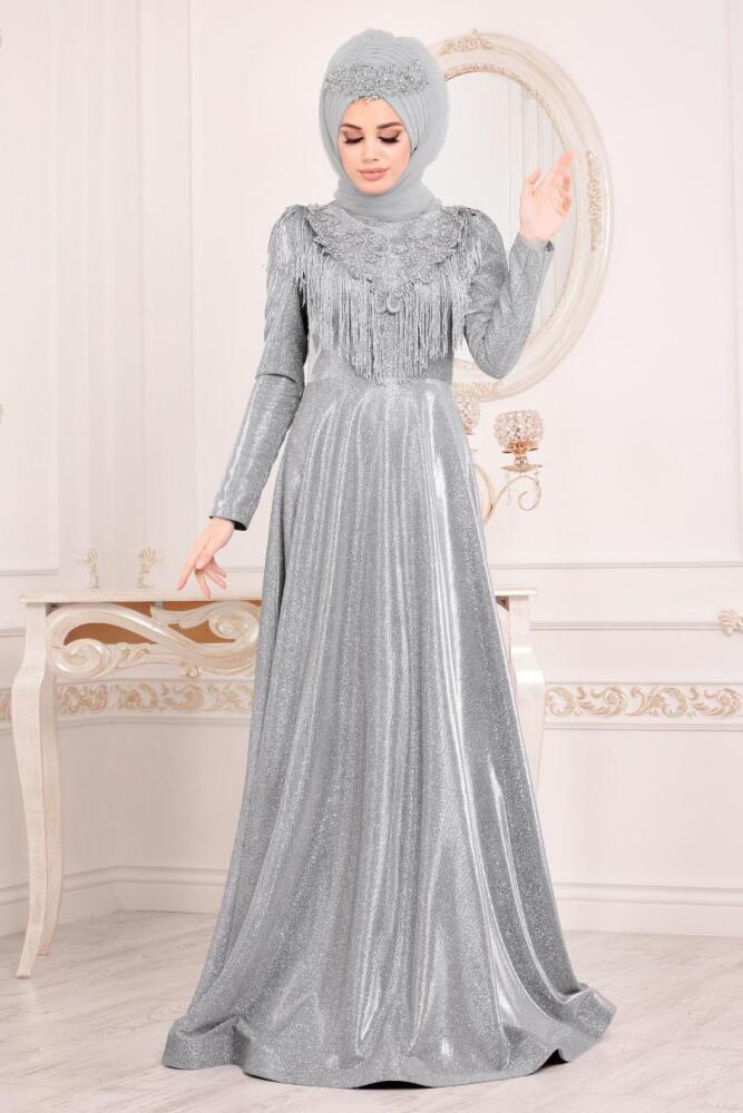 Gris-Tesettürlü Abiye Elbise -Robe de Soirée Hijab 20670GR - 2