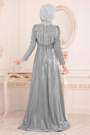 Gris-Tesettürlü Abiye Elbise -Robe de Soirée Hijab 20670GR - 4