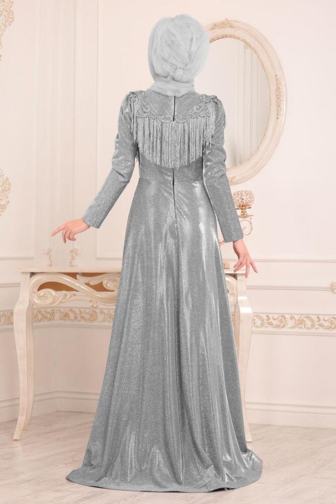 Gris-Tesettürlü Abiye Elbise -Robe de Soirée Hijab 20670GR - 4
