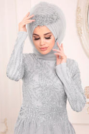 Gris-Tesettürlü Abiye Elbise -Robe de Soirée Hijab 20690GR - Thumbnail