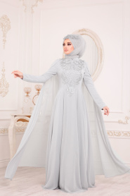 Gris-Tesettürlü Abiye Elbise -Robe de Soirée Hijab 20710GR - Thumbnail