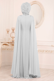 Gris-Tesettürlü Abiye Elbise -Robe de Soirée Hijab 20710GR - Thumbnail