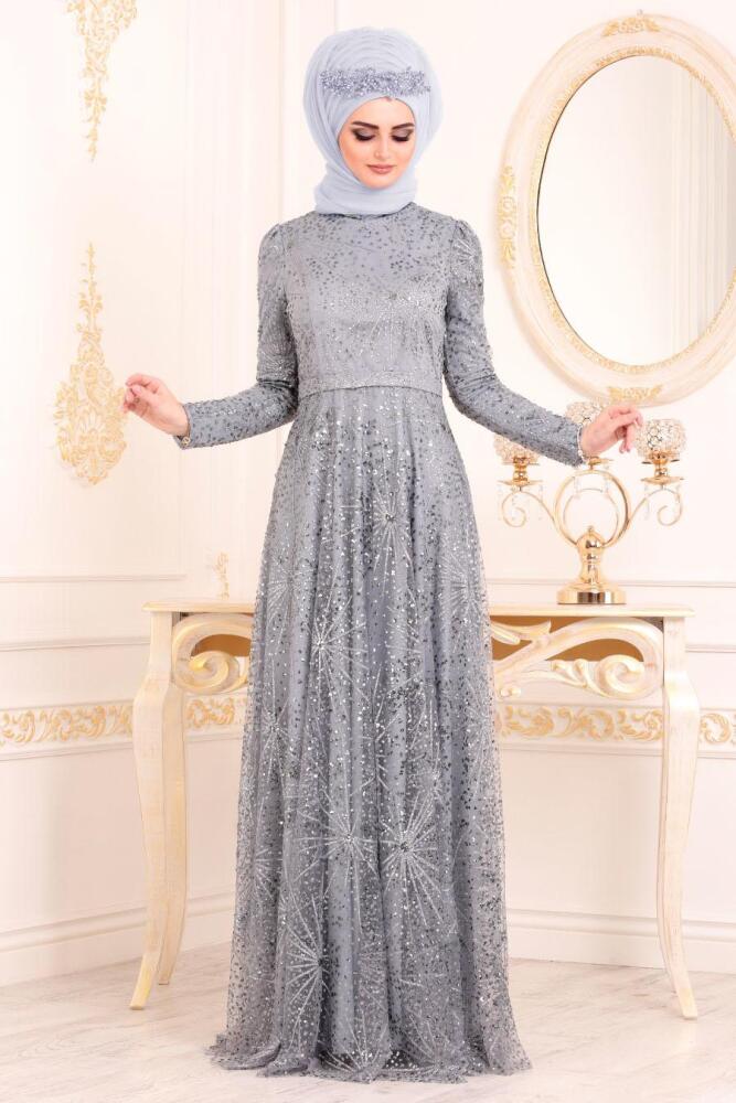 Gris- Tesettürlü Abiye Elbise - Robe de Soirée Hijab 20721GR - 1