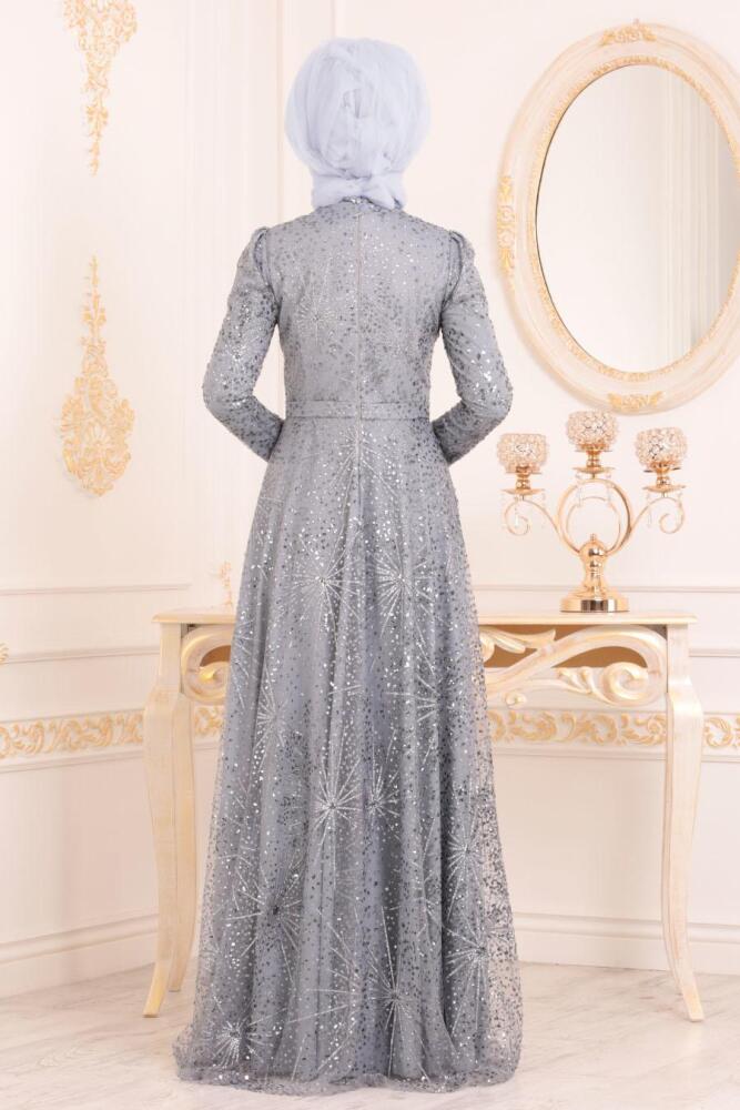 Gris- Tesettürlü Abiye Elbise - Robe de Soirée Hijab 20721GR - 2