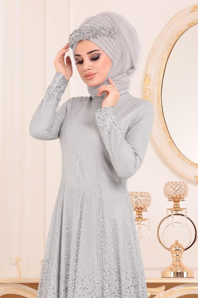 Gris- Tesettürlü Abiye Elbise - Robe de Soirée Hijab 2081GR - 2