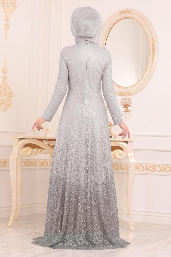 Gris- Tesettürlü Abiye Elbise - Robe de Soirée Hijab 2081GR - 3