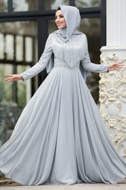 Gris- Tesettürlü Abiye Elbise - Robe de Soirée Hijab 20901GR - Thumbnail
