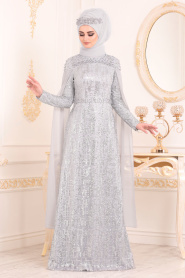 Gris- Tesettürlü Abiye Elbise - Robe de Soirée Hijab 20940GR - Thumbnail