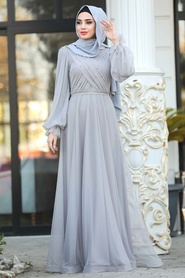 Gris - Tesettürlü Abiye Elbise - Robe de Soirée Hijab - 2140GR - Thumbnail