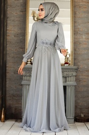 Gris - Tesettürlü Abiye Elbise - Robe de Soirée Hijab - 21490GR - Thumbnail