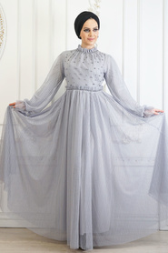 Gris - Tesettürlü Abiye Elbise - Robe de Soirée Hijab - 22450GR - Thumbnail