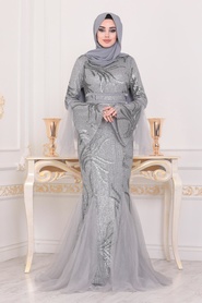 Gris - Tesettürlü Abiye Elbise - Robe de Soirée Hijab - 22521GR - Thumbnail