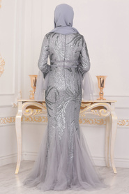 Gris - Tesettürlü Abiye Elbise - Robe de Soirée Hijab - 22521GR - Thumbnail