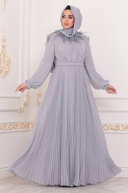 Gris - Tesettürlü Abiye Elbise - Robe de Soirée Hijab - 22570GR - Thumbnail