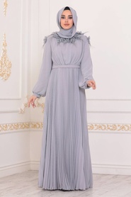 Gris - Tesettürlü Abiye Elbise - Robe de Soirée Hijab - 22570GR - Thumbnail