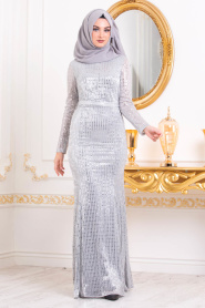 Gris-Tesettürlü Abiye Elbise - Robe de Soirée Hijab 3277GR - Thumbnail