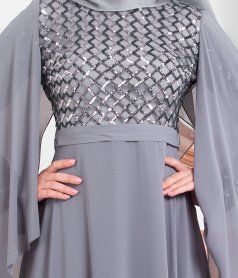 Gris-Tesettürlü Abiye Elbise - Robe de Soirée Hijab 3293GR - Thumbnail