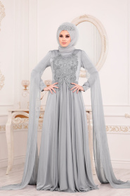 Gris-Tesettürlü Abiye Elbise - Robe de Soirée Hijab 3626GR - Thumbnail