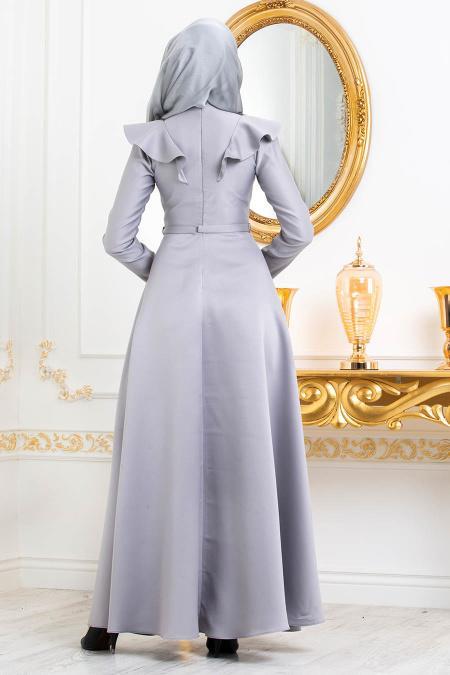 Gris-Tesettürlü Abiye Elbise -Robe de Soirée Hijab 3695GR - 2
