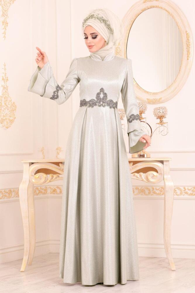 Gris-Tesettürlü Abiye Elbise - Robe de Soirée Hijab 36970GR - 2