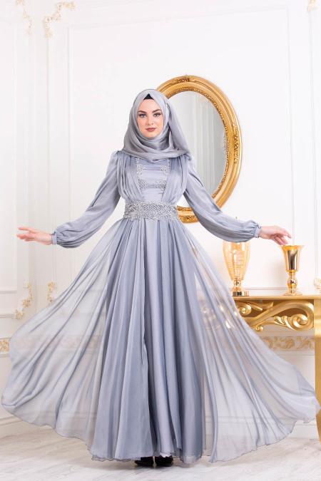 Gris-Tesettürlü Abiye Elbise - Robe de Soirée Hijab 37331GR - 2