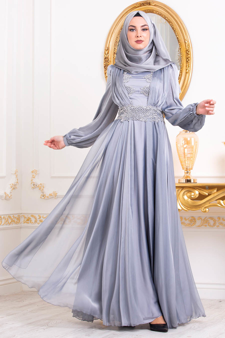 Gris-Tesettürlü Abiye Elbise - Robe de Soirée Hijab 37331GR