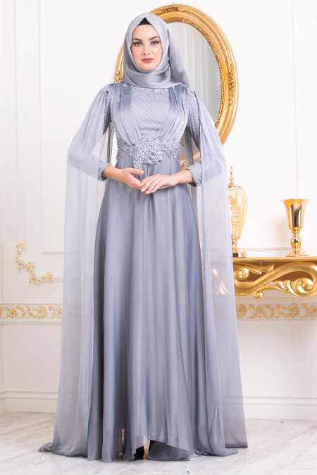 Gris-Tesettürlü Abiye Elbise - Robe de Soirée Hijab 37390GR