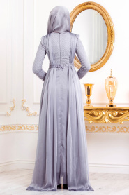 Gris-Tesettürlü Abiye Elbise - Robe de Soirée Hijab 37390GR - Thumbnail