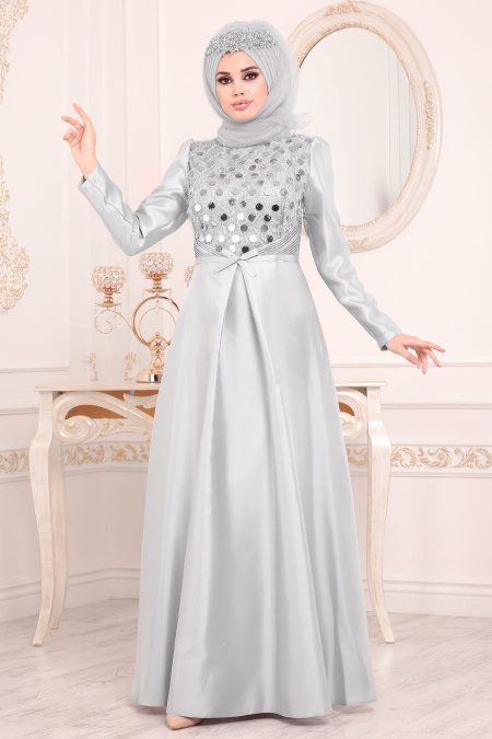 Gris-Tesettürlü Abiye Elbise - Robe de Soirée Hijab 3755GR