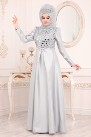 Gris-Tesettürlü Abiye Elbise - Robe de Soirée Hijab 3755GR - Thumbnail