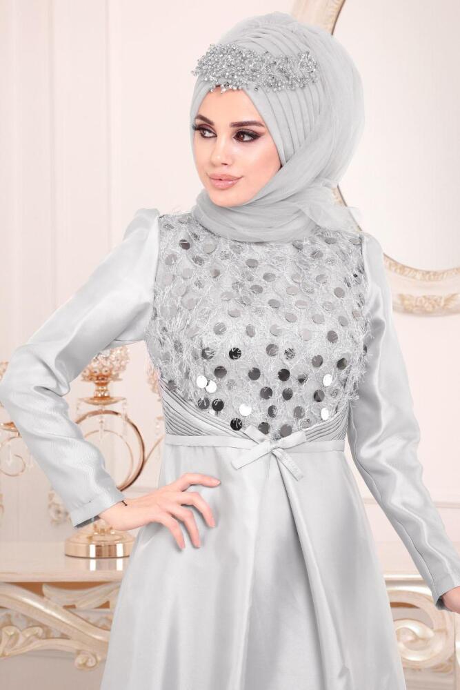 Gris-Tesettürlü Abiye Elbise - Robe de Soirée Hijab 3755GR - 3