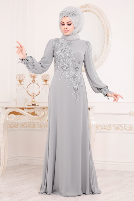 Gris-Tesettürlü Abiye Elbise - Robe de Soirée Hijab 37850GR