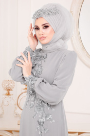 Gris-Tesettürlü Abiye Elbise - Robe de Soirée Hijab 37850GR - Thumbnail