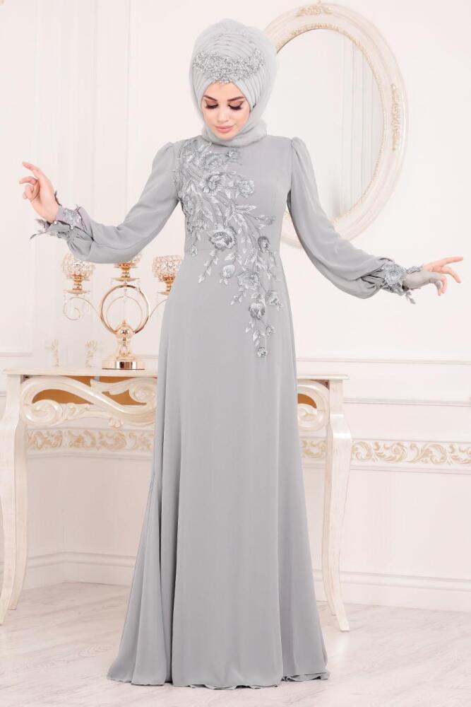 Gris-Tesettürlü Abiye Elbise - Robe de Soirée Hijab 37850GR - 3