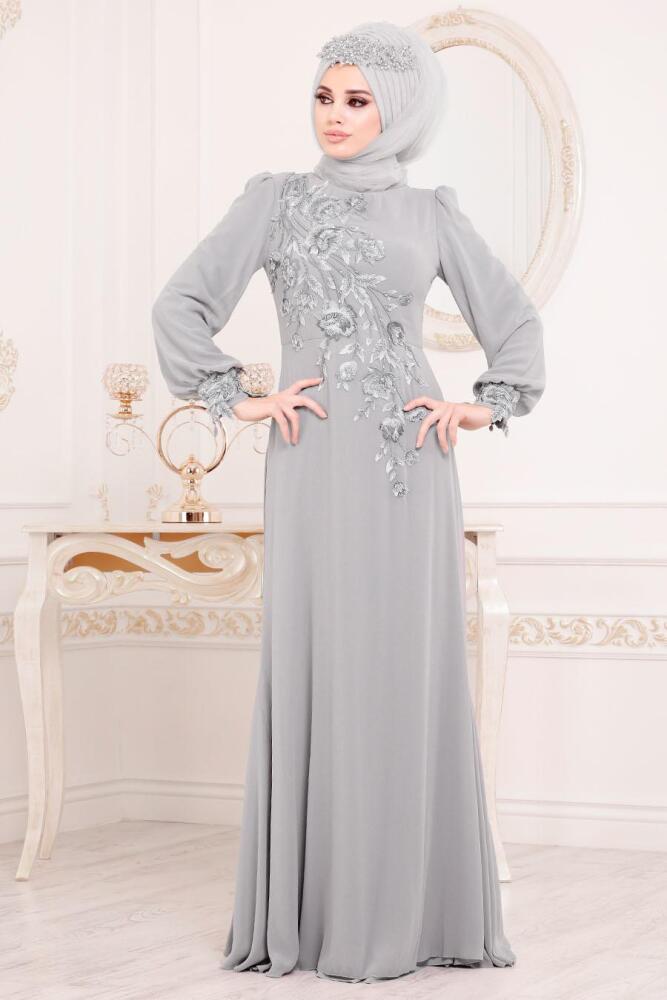 Gris-Tesettürlü Abiye Elbise - Robe de Soirée Hijab 37850GR - 4