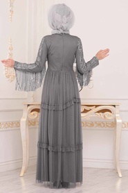 Gris - Tesettürlü Abiye Elbise - Robe de Soirée Hijab - 3823GR - Thumbnail
