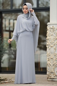 Gris - Tesettürlü Abiye Elbise - Robe de Soirée Hijab - 3829GR - Thumbnail