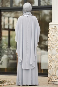 Gris - Tesettürlü Abiye Elbise - Robe de Soirée Hijab - 3829GR - Thumbnail