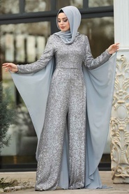Gris - Tesettürlü Abiye Elbise - Robe de Soirée Hijab - 38870GR - Thumbnail
