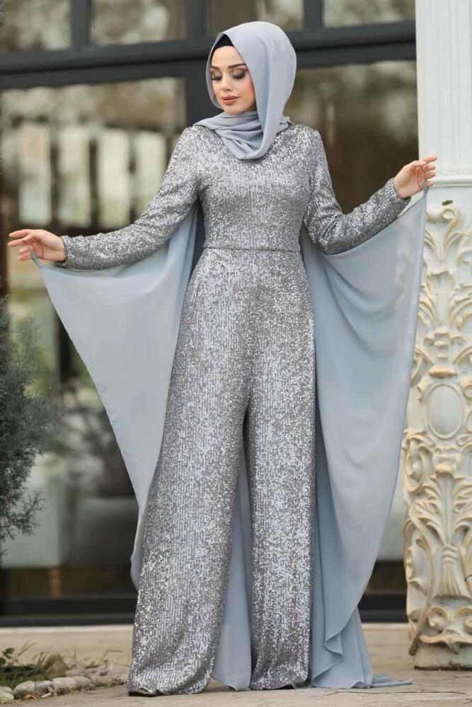 Gris - Tesettürlü Abiye Elbise - Robe de Soirée Hijab - 38870GR - 1
