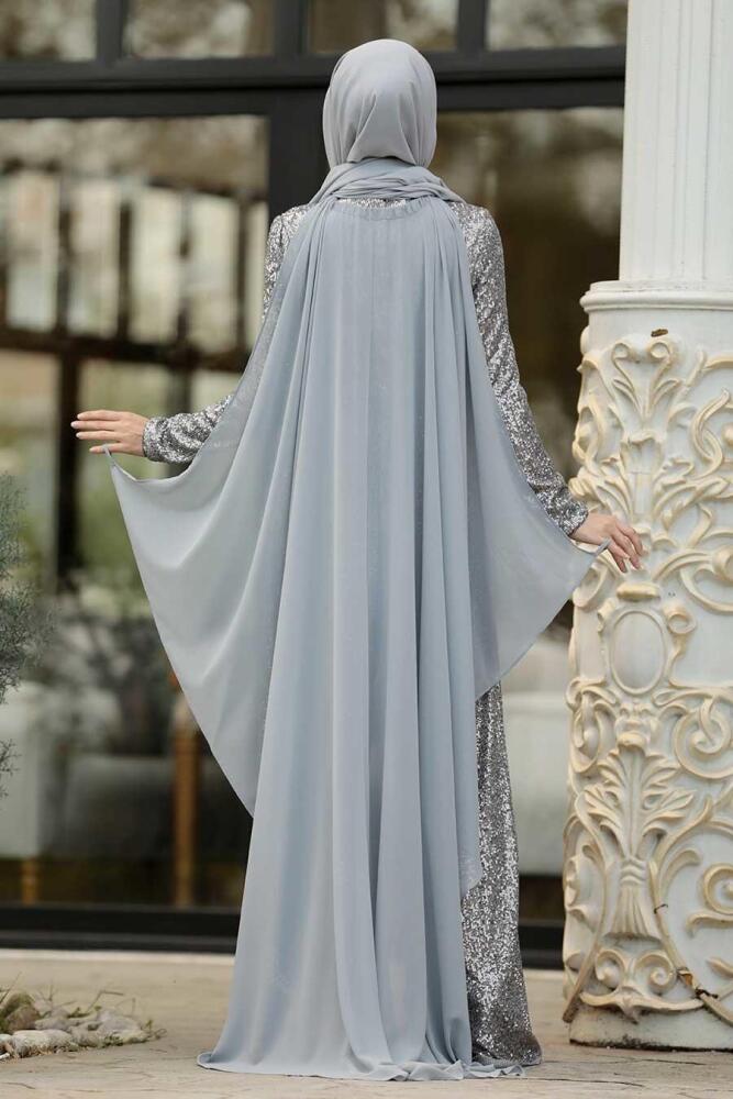 Gris - Tesettürlü Abiye Elbise - Robe de Soirée Hijab - 38870GR - 2