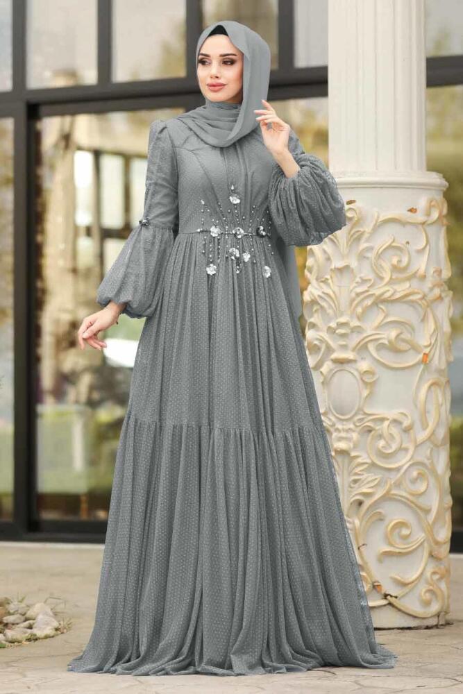 Gris - Tesettürlü Abiye Elbise - Robe de Soirée Hijab - 38940GR - 1