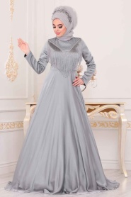 Gris - Tesettürlü Abiye Elbise - Robe de Soirée Hijab - 3894GR - Thumbnail