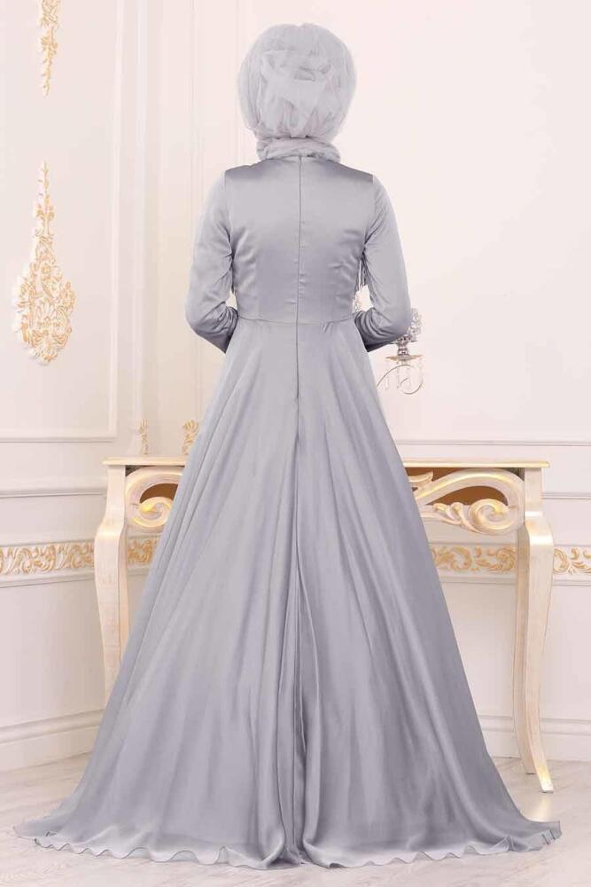 Gris - Tesettürlü Abiye Elbise - Robe de Soirée Hijab - 3894GR - 2